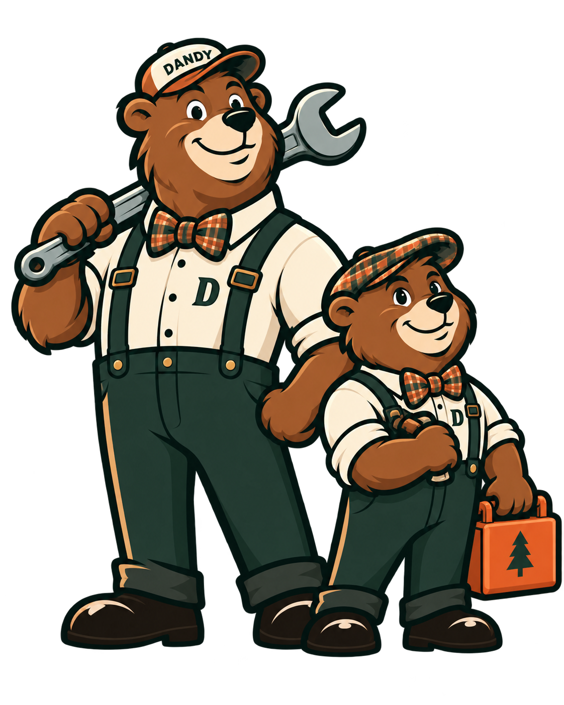 Two friendly Dandy Comfort bear technicians in classic uniforms